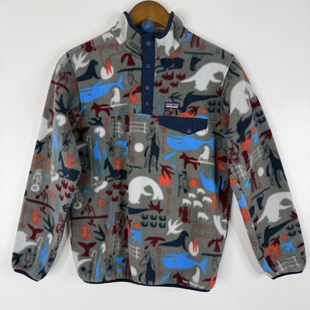 Patagonia Synchilla Jacket Boys XL 14 Animal Print Gray Fleece Snap Pullover